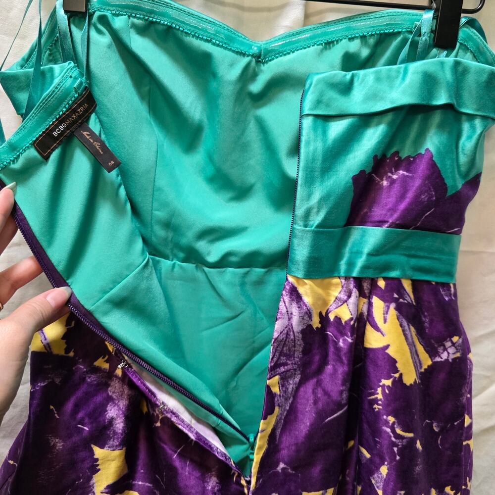 BCBGMaxazria Ultraviolet Strapless Tiered satin mini dress 6 green purple - Picture 10 of 13